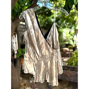 Nicole Miller Artelier Draped Gold Lame Cupro Asymmetrical X-Back Tank Top SZ S